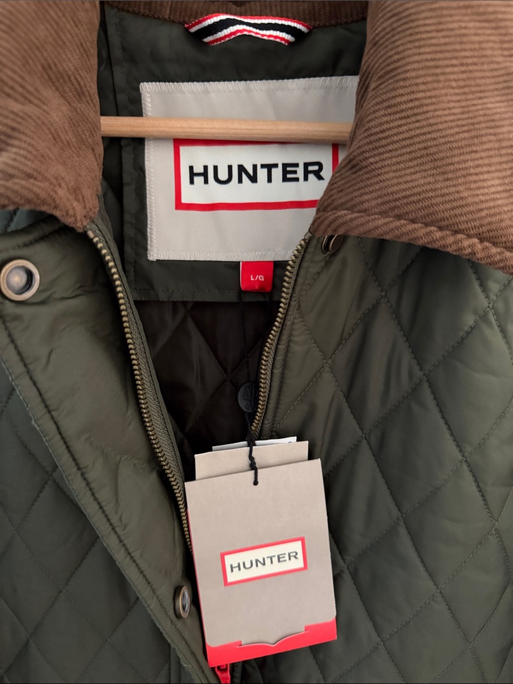 RARE Hunter Quilted Barn Jacket Puffer LONG Corduroy Collar Green NWT L M - Picture 3 of 6